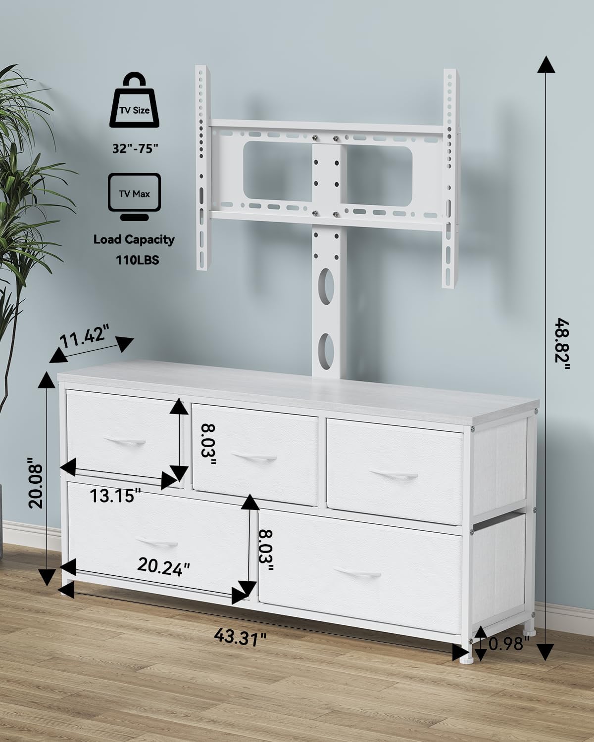 TV Stand with Mount, Fabric Dresser with 5 Drawers for 32/45/55/60/65/75 inch TVs, White Dresser Entertainment Center, Modern Media TV Console Table