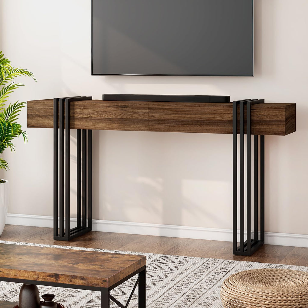 knoworld 63 Inch Console Table for Entryway, Industrial Sofa Tables Couch Table Behind Sofa for Living Room Hallway Foyer, Walnut