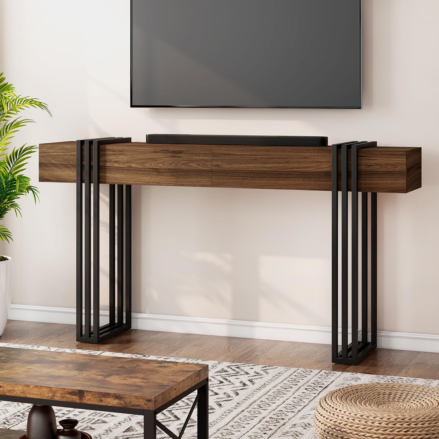 knoworld 63 Inch Console Table for Entryway, Industrial Sofa Tables Couch Table Behind Sofa for Living Room Hallway Foyer, Walnut