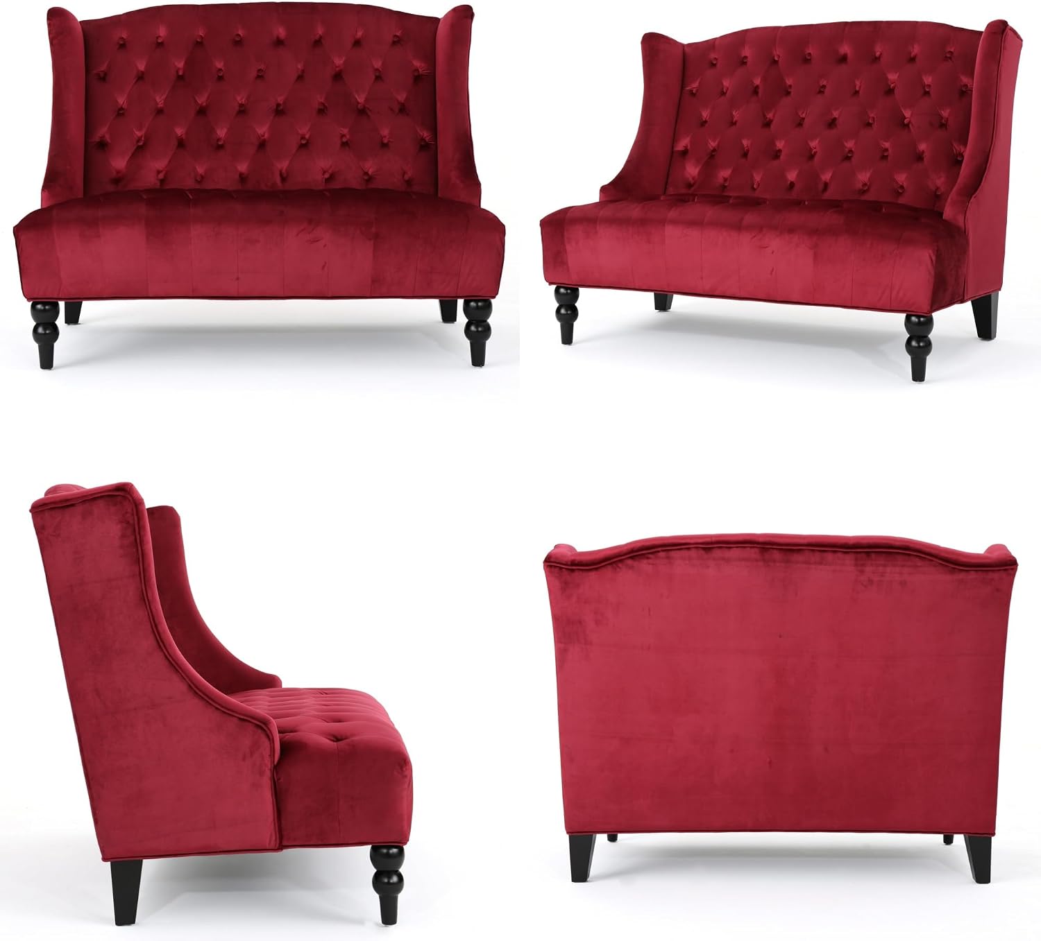 Modern Tufted Velvet Wingback Loveseat, Tufted Velvet 2 Seat Couch Sofas with High Back Thick Padded Cushioned Seats for Living Room, Victorian Style, Wine red