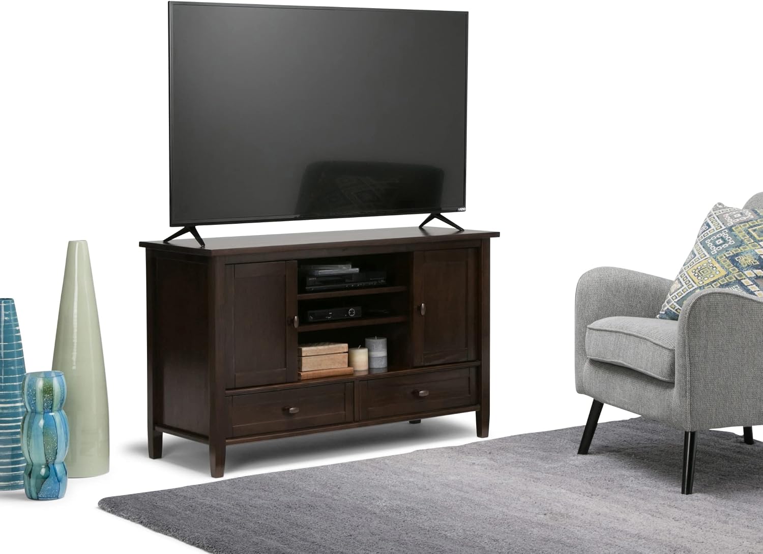 SIMPLIHOME Warm Shaker TV Stand - 47 inch Wide Solid Wood Media Console in Tobacco Brown, Transitional Entertainment Center for TVs up to 50 Inches with 2 Cabinets, 2 Drawers, and Cord Management