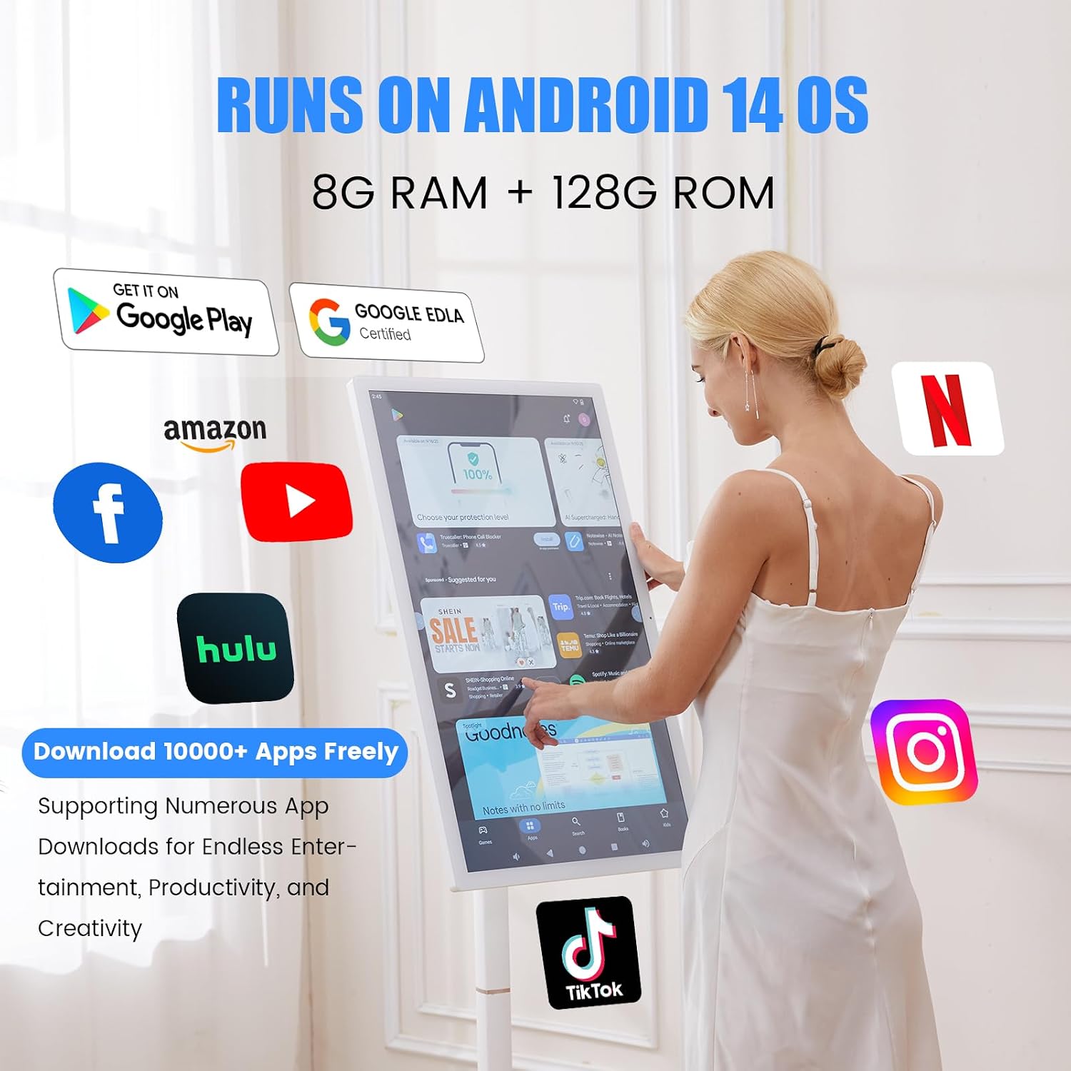 32 Inch Smart Portable TV on Wheels,FHD Touch-Screen-Monitor,Wireless RollableTV, 8G RAM,128G Storage,Built-in 6-8H Battery,Android 14,Full Swivel Rotation,Remote Control (White)
