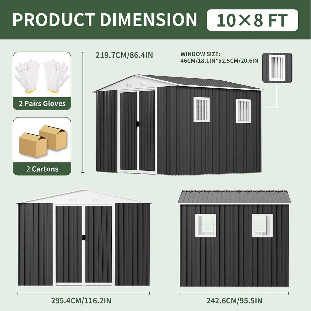 10x8 FT Large Outdoor Storage Shed with 4 Windows, Galvanized Tool Shed, Metal Garden Shed with Apex Roof & Lockable Door, Waterproof Rust-Resistant for Patio Furniture Lawnmower Bike
