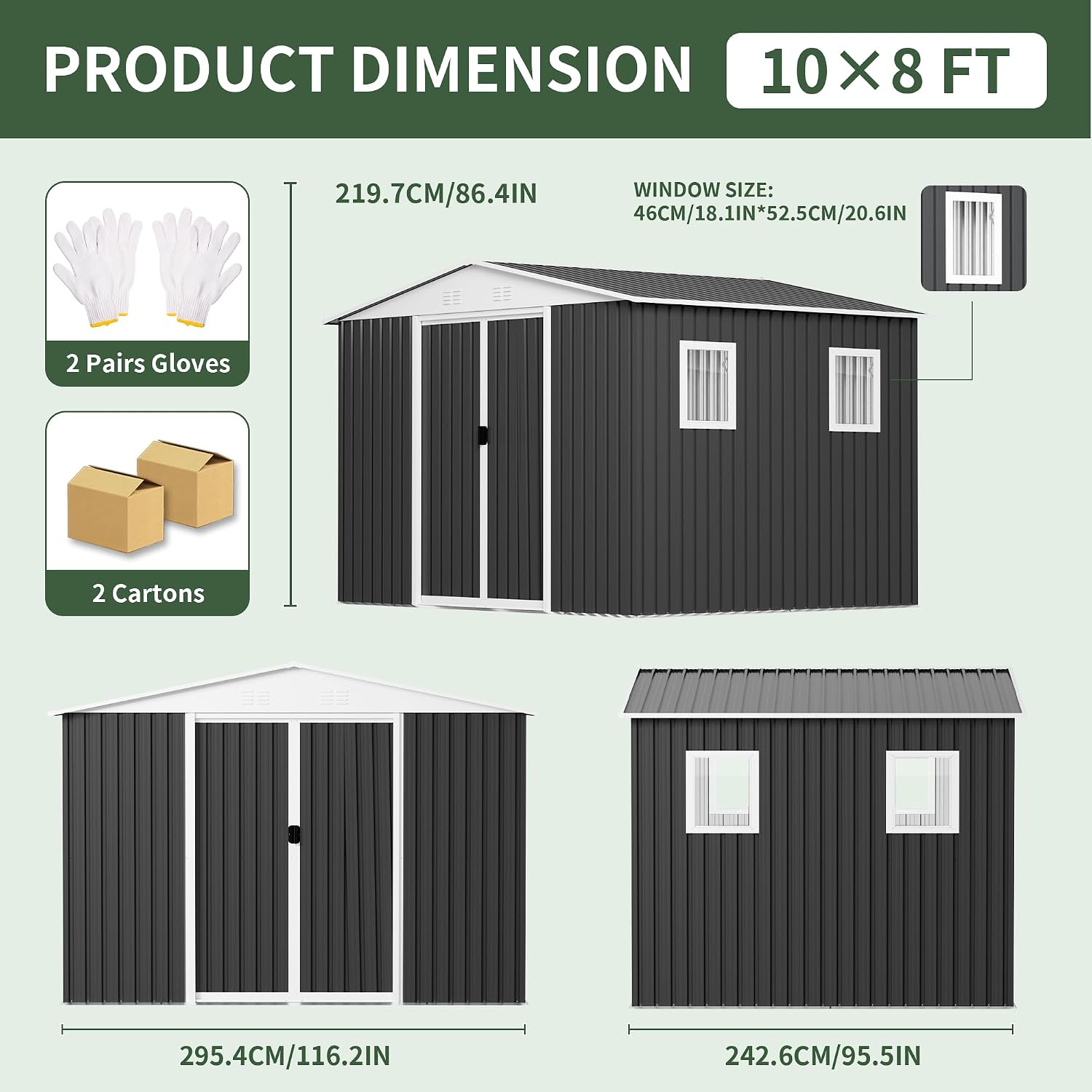 10x8 FT Large Outdoor Storage Shed with 4 Windows, Galvanized Tool Shed, Metal Garden Shed with Apex Roof & Lockable Door, Waterproof Rust-Resistant for Patio Furniture Lawnmower Bike