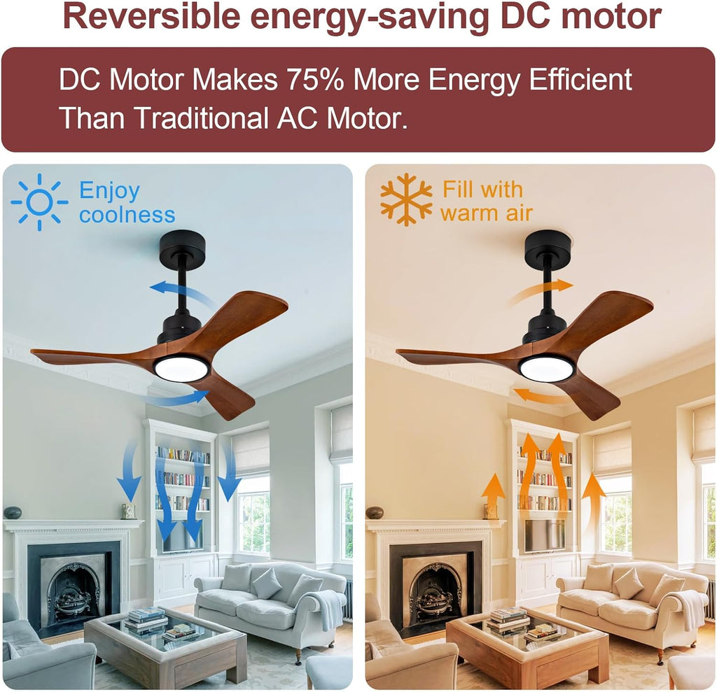 ZVL 36 Inch Ceiling Fans with Lights and Remote Control,3 Walnut Wood Blades,6 Speed Reversible DC Motor,Dimmable,Timer,Memory Function, Indoor Outdoor Ceiling Fan for Bedroom Living Room Patios