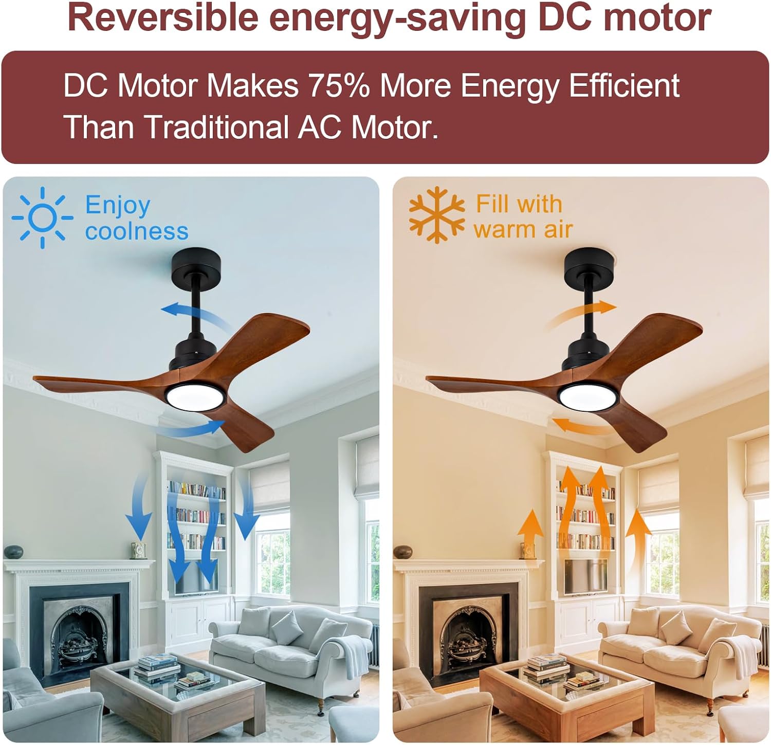 ZVL 36 Inch Ceiling Fans with Lights and Remote Control,3 Walnut Wood Blades,6 Speed Reversible DC Motor,Dimmable,Timer,Memory Function, Indoor Outdoor Ceiling Fan for Bedroom Living Room Patios