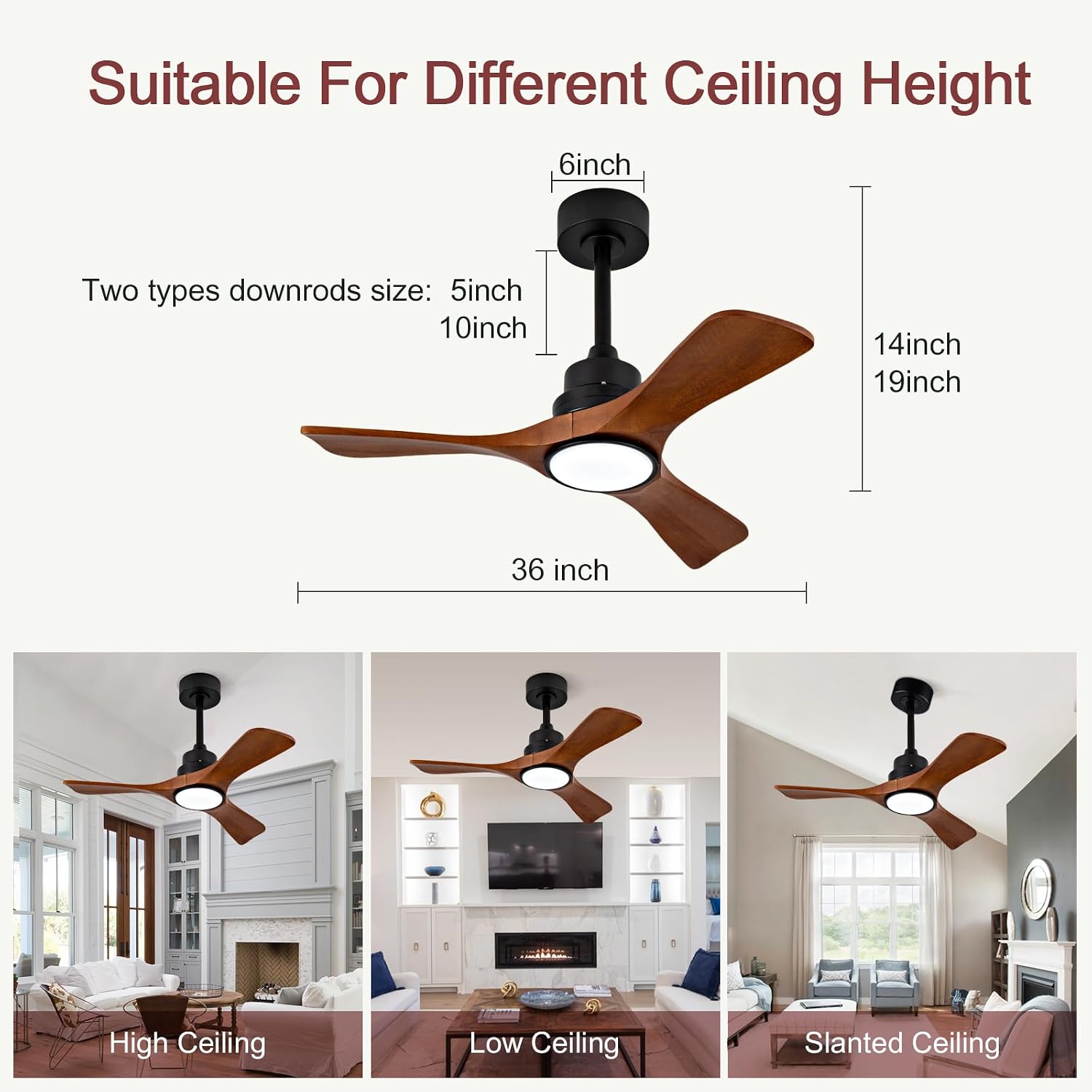 ZVL 36 Inch Ceiling Fans with Lights and Remote Control,3 Walnut Wood Blades,6 Speed Reversible DC Motor,Dimmable,Timer,Memory Function, Indoor Outdoor Ceiling Fan for Bedroom Living Room Patios