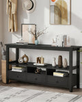 Karl home Console Table with 3 Bottom Drawers, 57.9' W Sofa Side Table Entryway Desk with 3 Storage Cubbies 1 Open Shelf, Vintage TV Stand for Hallway Living Room Office, Black 29.9' H