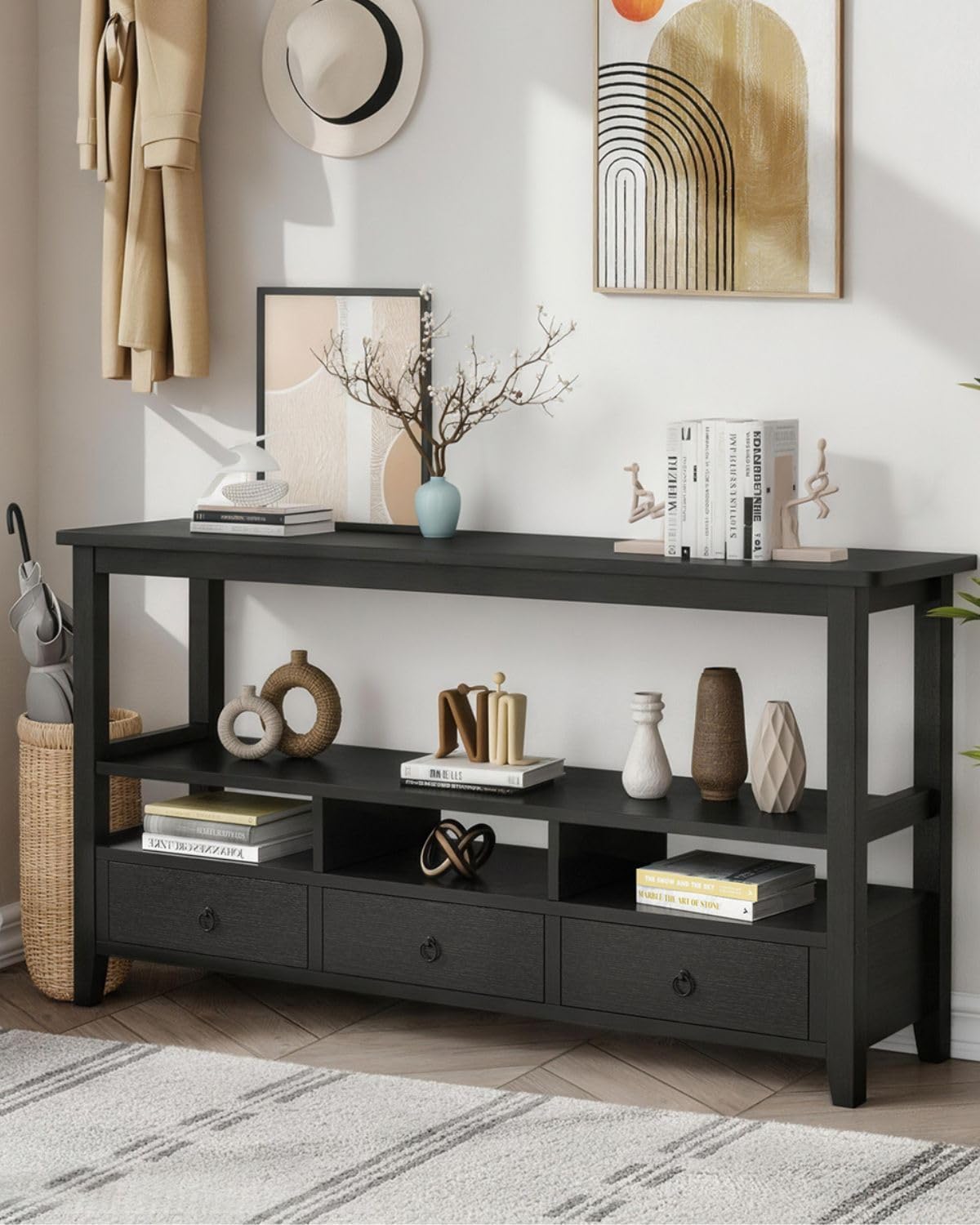 Karl home Console Table with 3 Bottom Drawers, 57.9' W Sofa Side Table Entryway Desk with 3 Storage Cubbies 1 Open Shelf, Vintage TV Stand for Hallway Living Room Office, Black 29.9' H