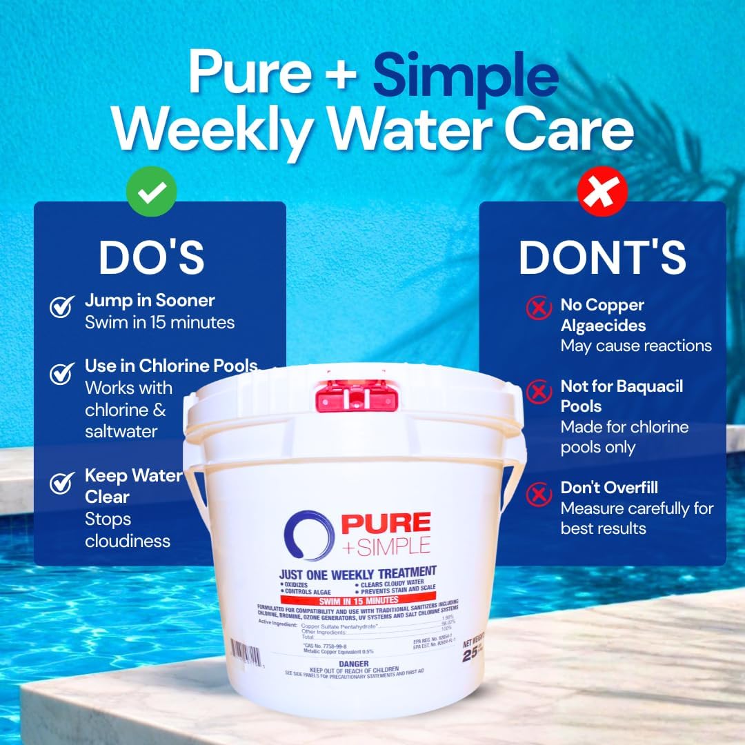 Pure + Simple All-in-One Pool Shock & Clarifier - Algaecide for Swimming Pools - Fast-Acting Once Weekly Treatment for In-Ground & Above-Ground Pools - Swim in 15 Minutes (25 lbs)
