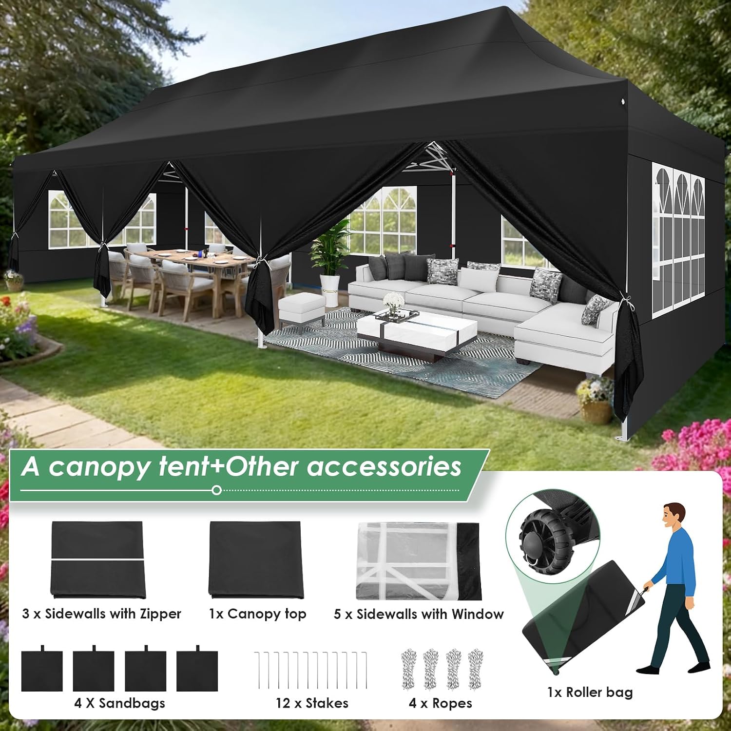 COBIZI Canopy Tent 10x30 Pop Up Canopy with 8 Removable Sidewalls Party Tents for Parties Wedding Patio Commercial Waterproof and UV50+ Ez Outdoor Instant Gazebo with Roller Bag & 4 Sandbags（Black）