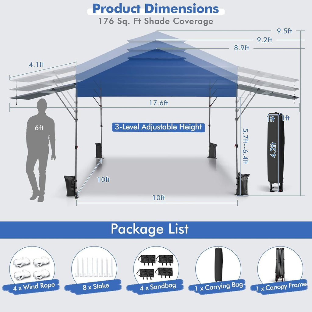 HAPPYGRILL Pop Up Canopy with Dual Awnings 10x17.6 FT, Outdoor Gazebo Shelter with Portable Wheeled Carrying Bag, Easy Setup Instant Tent for Patio Camping Picnic (Blue)