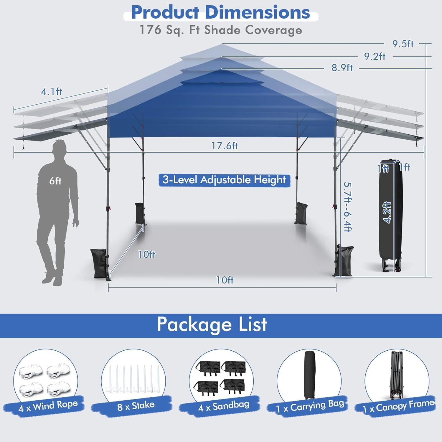 HAPPYGRILL Pop Up Canopy with Dual Awnings 10x17.6 FT, Outdoor Gazebo Shelter with Portable Wheeled Carrying Bag, Easy Setup Instant Tent for Patio Camping Picnic (Blue)