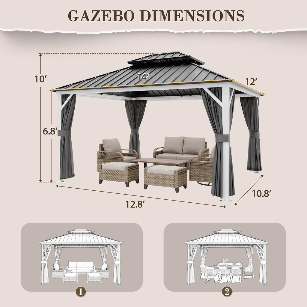 EAGLE PEAK 12x14 Hardtop Gazebo, Galvanized Steel Double Roof with Aluminum Frame, Outdoor Pavilion with Netting and Curtains for Patio, Deck, Lawn and Garden, White/Gray
