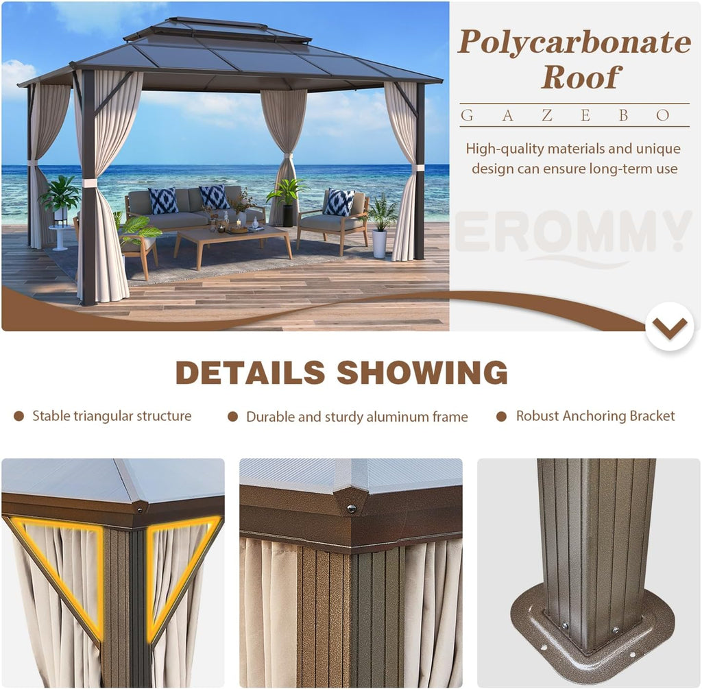 EROMMY 10'x13' Gazebo Polycarbonate Double Roof Canopy Outdoor Aluminum Frame Pergolas with Netting and Curtains for Garden Patio Lawns Parties