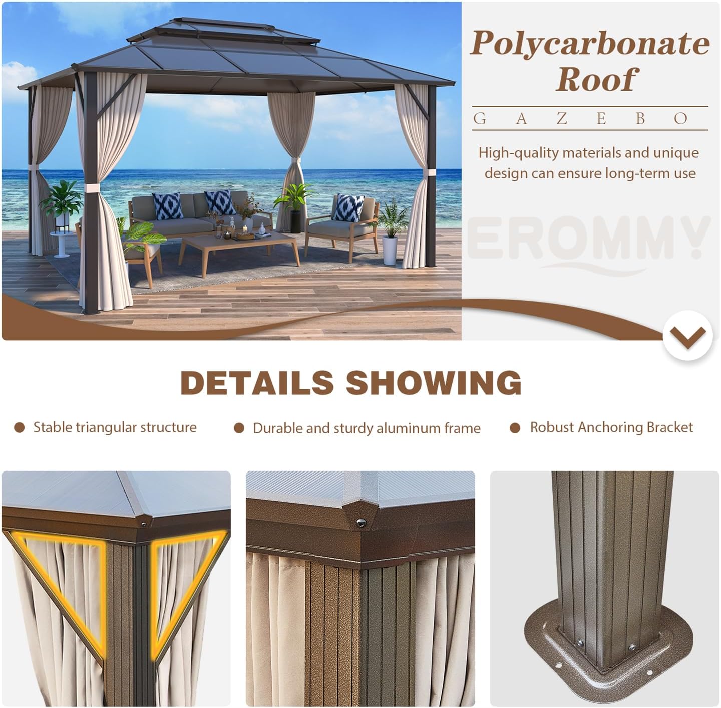 EROMMY 10'x13' Gazebo Polycarbonate Double Roof Canopy Outdoor Aluminum Frame Pergolas with Netting and Curtains for Garden Patio Lawns Parties