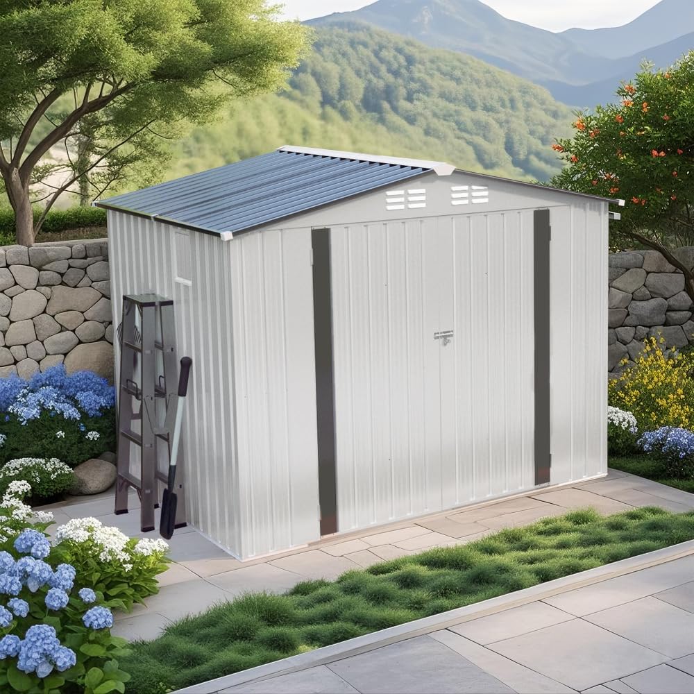 8X6 FT Metal Outdoor Storage Shed with Window & Vents, Waterproof Garden Tool Shed with Lockable Door & Pitched Roof, Durable Steel Bike Storage for Yard, Patio, White & Gray