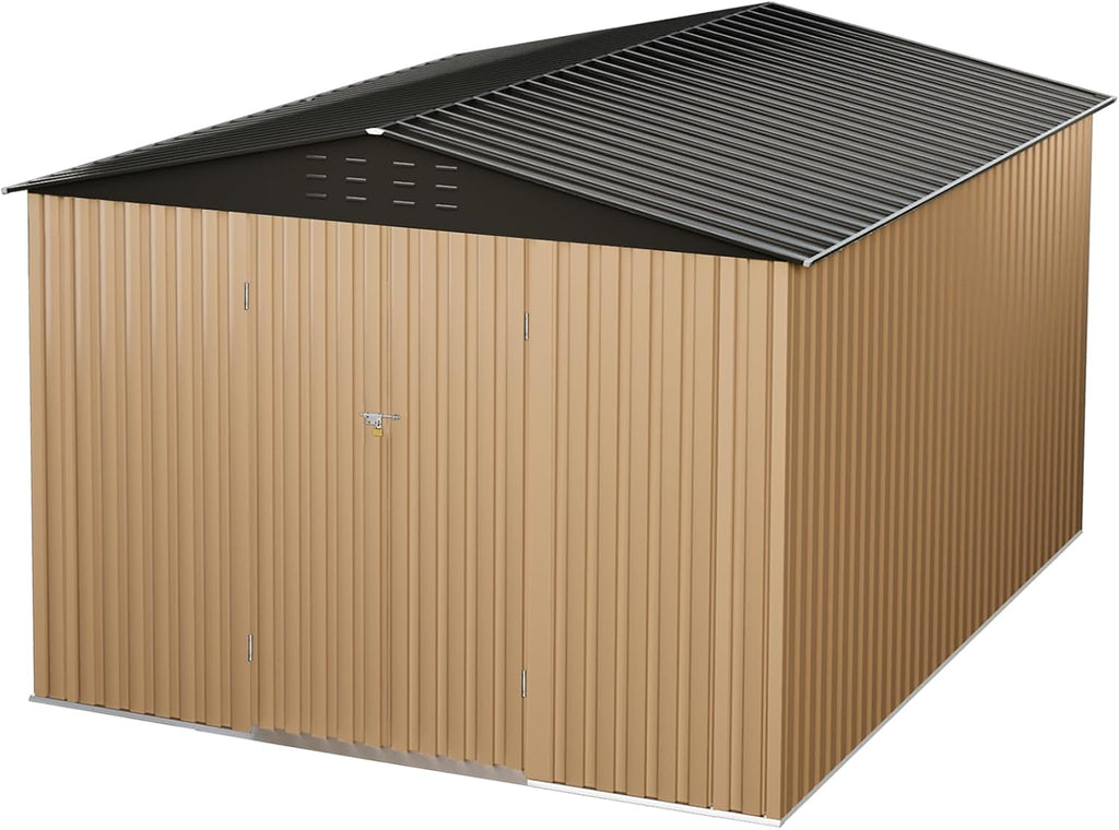10x10 FT Outdoor Metal Storage Shed, Metal Tool Sheds with Sturdy Frame Structure, Large Garden Storage Shed with Lockable Door for Garden, Lawn, Backyard, Brown