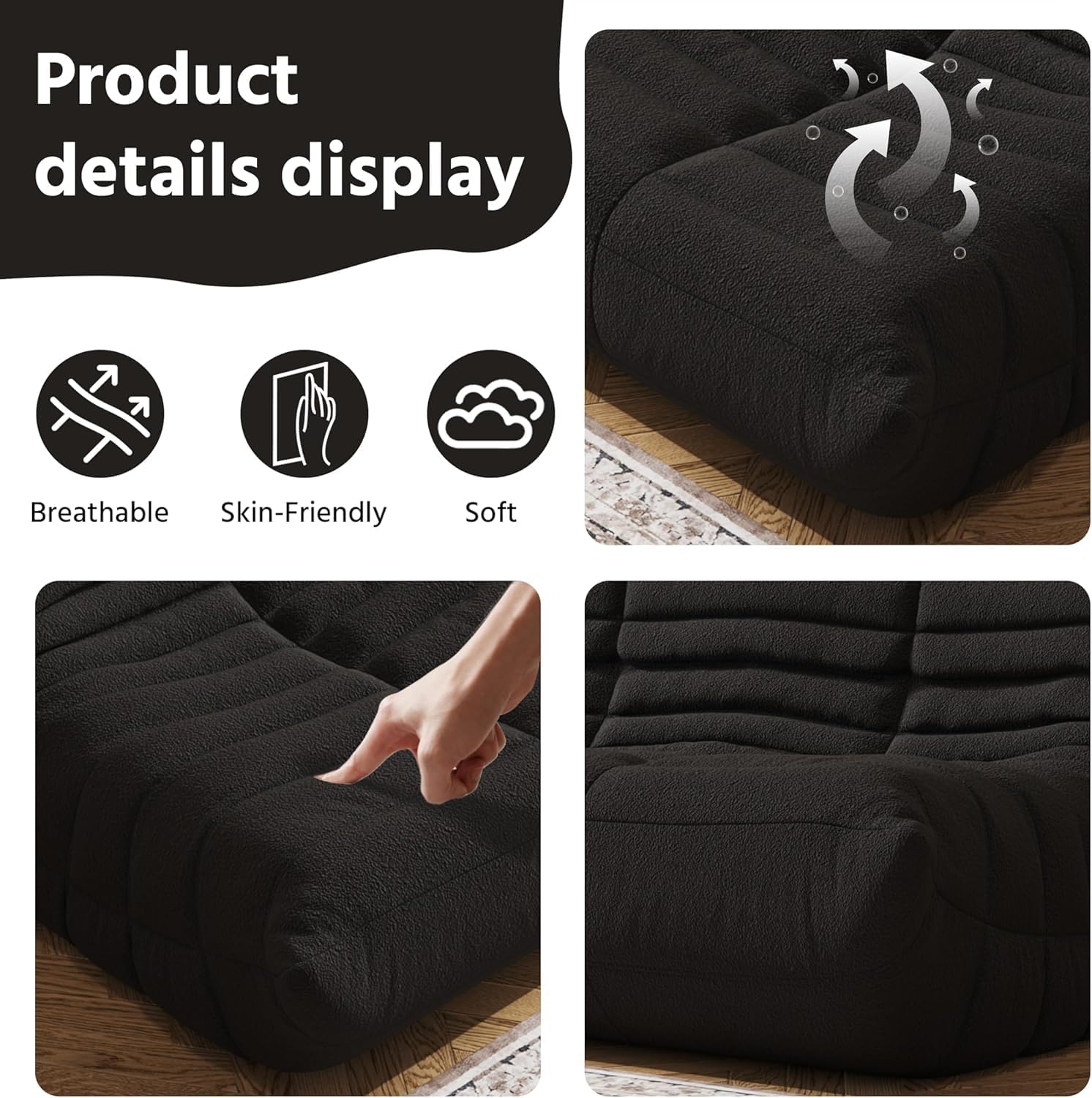 Giant Loveseat Boneless Bean Bag Chair for Adults - Teddy Fleece Fireside Accent Chair with Memory Foam, Comfy Lazy Floor Sofa Couch Chaise Lounge for Living Room Bedroom Theater, 2 Seater, Black