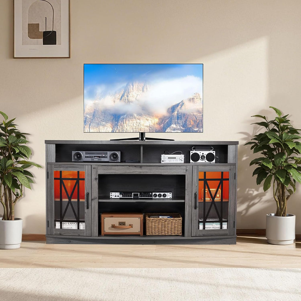 VEVOR Farmhouse TV Stand for 65 inch TVs, LED Entertainment Center with Glass Doors, Rustic Wood TV Cabinet with Adjustable Storage Shelves, Media Console for Living Room, Bedroom, Gray