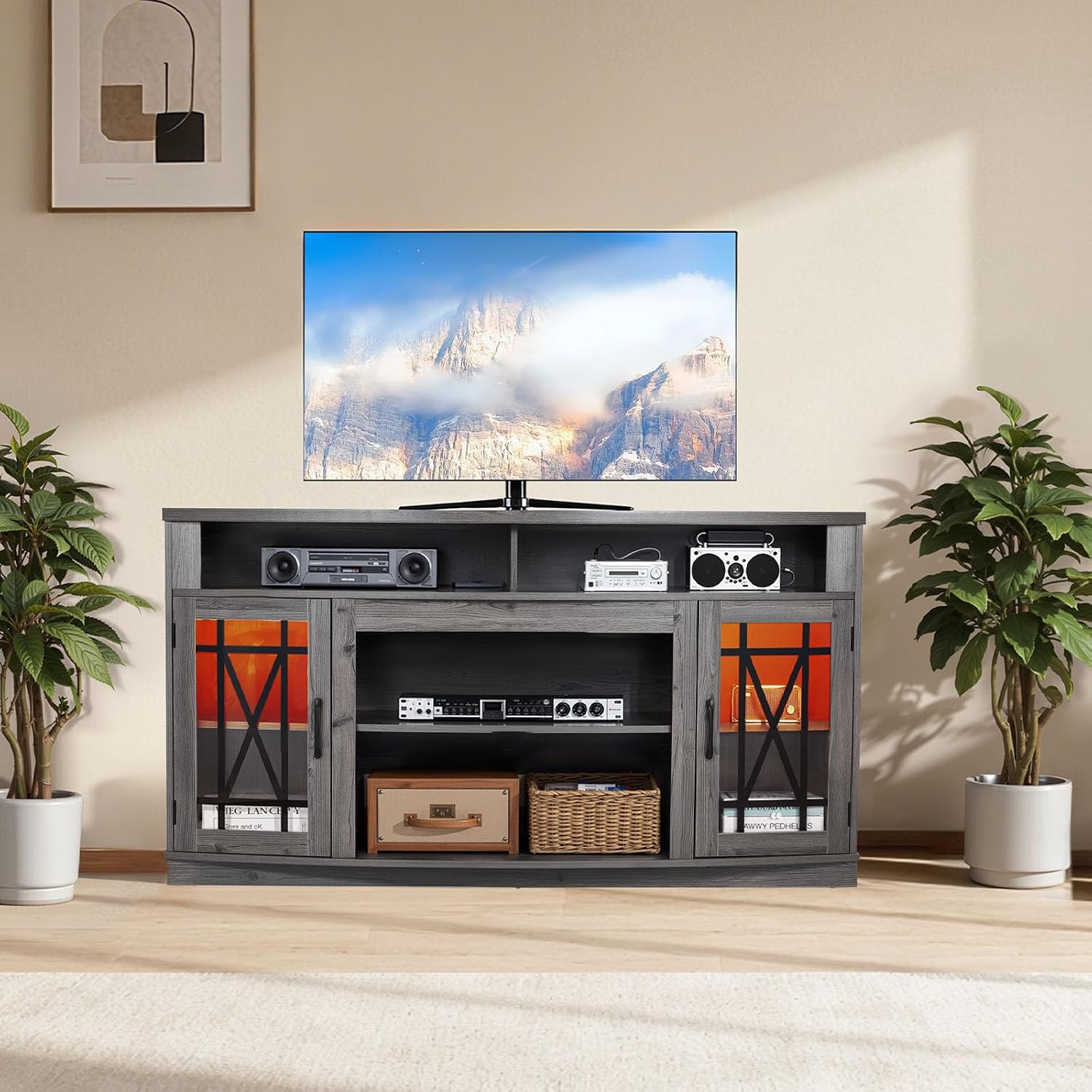 VEVOR Farmhouse TV Stand for 65 inch TVs, LED Entertainment Center with Glass Doors, Rustic Wood TV Cabinet with Adjustable Storage Shelves, Media Console for Living Room, Bedroom, Gray