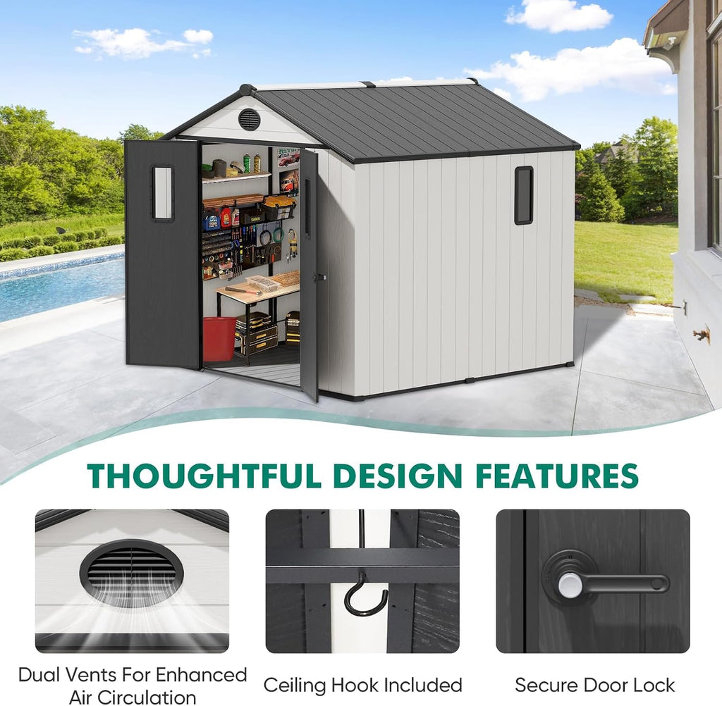 8x6 Outdoor Storage Shed with Floor, Heavy Duty Resin Tool Shed, Weather Resistant Garden Storage Building with Windows & Ventilation, White/Gray