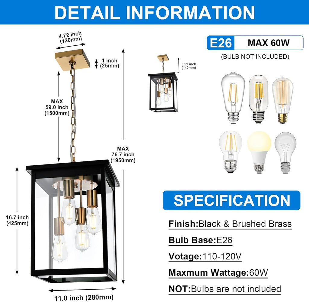 16.7'' Large Outdoor Pendant Light, 4-Lights Black and Brushed Brass Exterior Hanging Porch Chandelier Lantern with Clear Glass, Outdoor Ceiling Light Fixture for Entryway Gazebo Patio