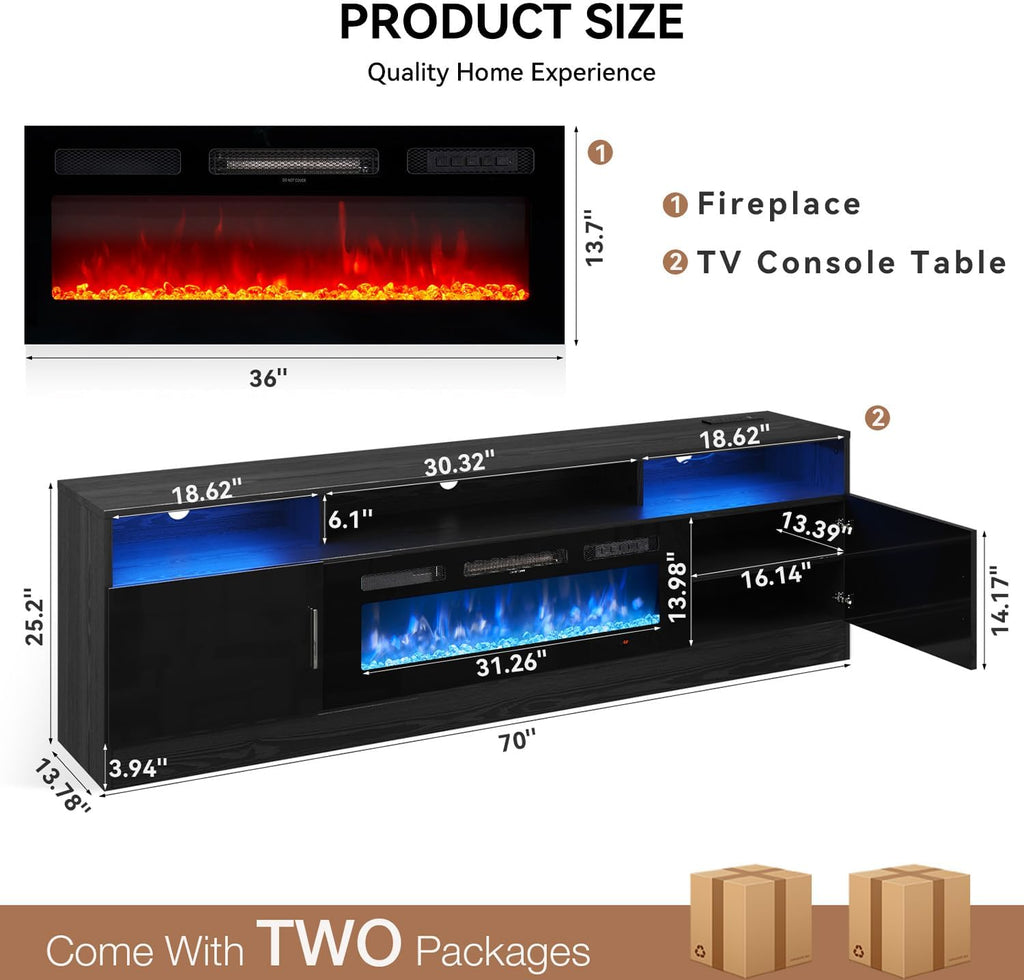 MXV 70' Fireplace TV Stand with Power Outlet for TVs UP to 80', Electric Fireplace Entertainment Center with LED Lights & Storage Cabinets, TV Console for Living Room, Office, Black-Black