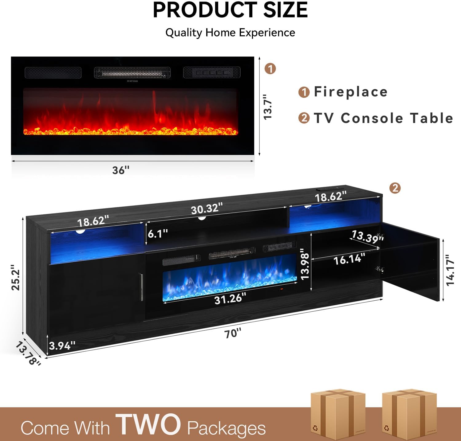 MXV 70' Fireplace TV Stand with Power Outlet for TVs UP to 80', Electric Fireplace Entertainment Center with LED Lights & Storage Cabinets, TV Console for Living Room, Office, Black-Black