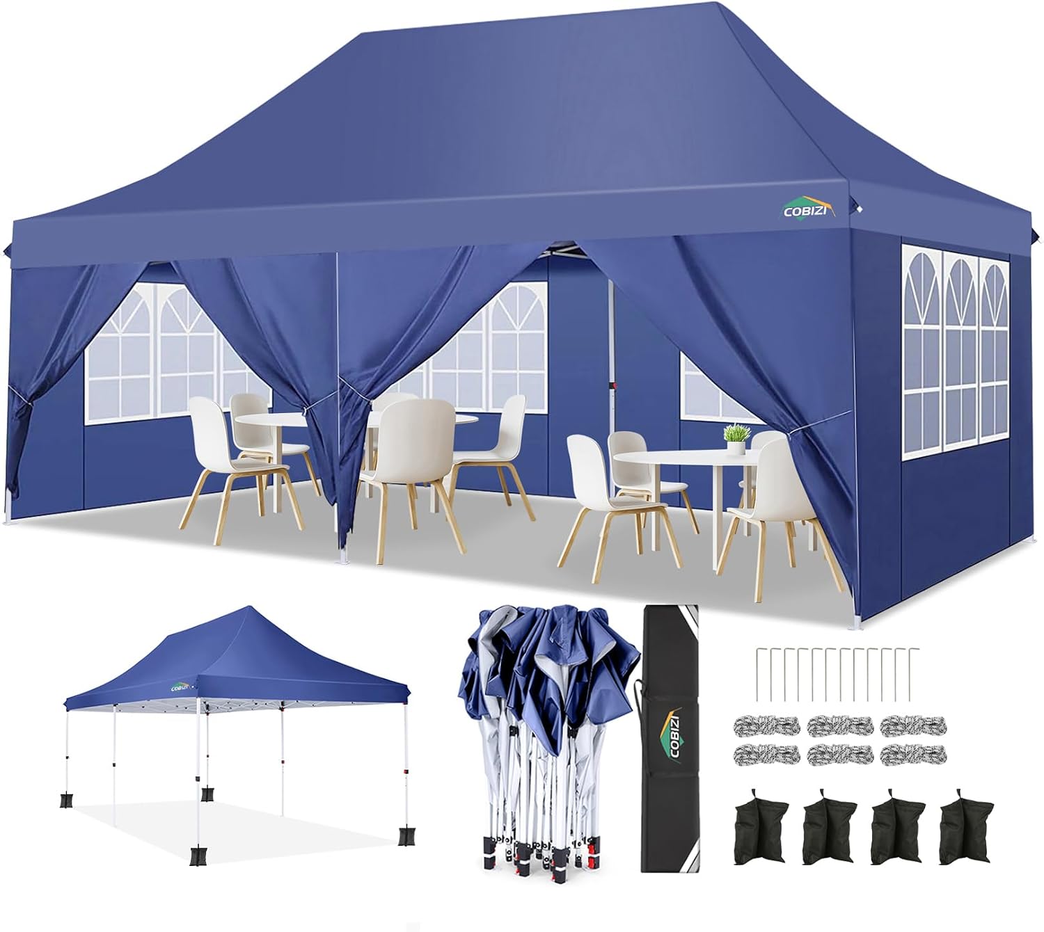 COBIZI Canopy 10x20 Pop Up Canopy Tent with 6 Sidewalls, Waterproof Commercial Canopy Ez Outdoor Instant Gazebo Easy to Set up Event Shelter, Garden Tents for Parties with Sandbags, Dark Blue