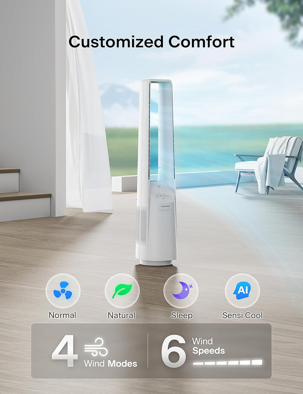 PELONIS Bladeless Tower Fan with 26-33ft Powerful Airflow, Alexa and Google Compatible, 6-Speed Settings, Quiet DC Motor, 120° Oscillation, 7-Hour Timer - Ideal for for Bedroom Home Office Use,White