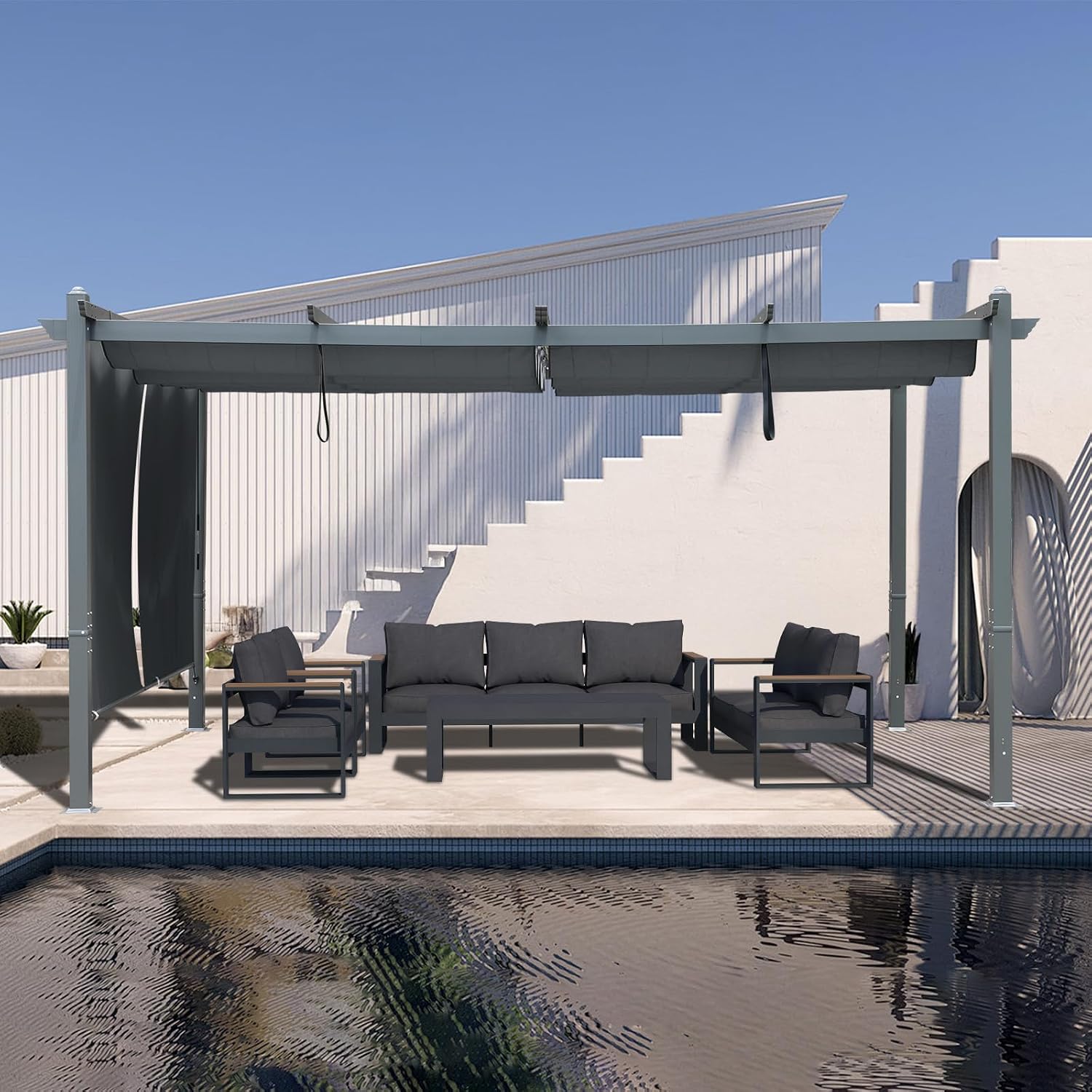 BPS 12x16 FT Outdoor Pergola - Retractable Shade Canopy with Aluminum Frame & Roller Shade Curtains for Patio, Backyard, or Deck, Gray