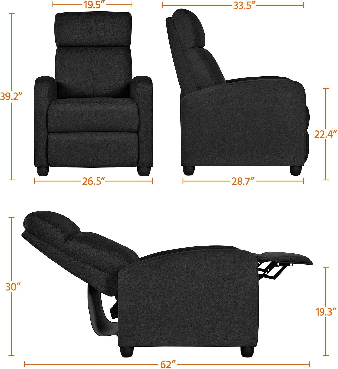 Yaheetech 2-Seat Fabric Pushback Recliner Chair with Thick Seat Cushion and Backrest Reclining Chair for Living Room Home Theater Matte Black