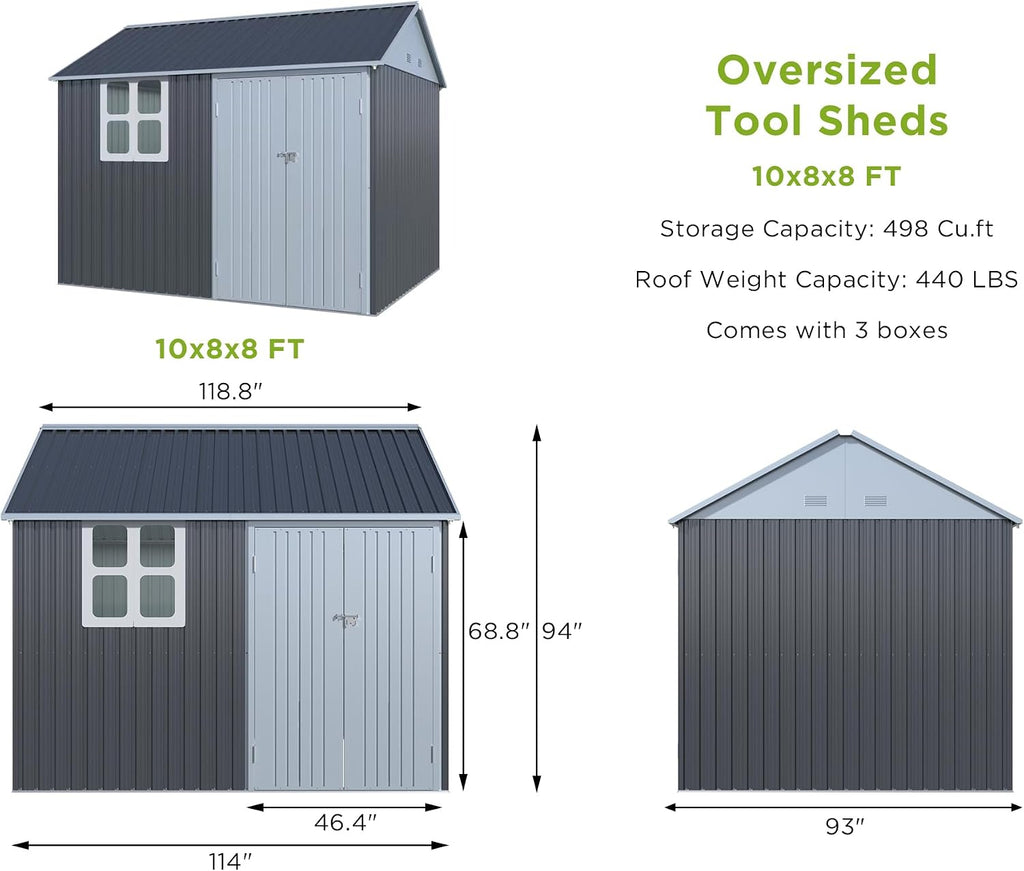 VanAcc 10x8x8 FT Shed 4-pane Window Nordic Cottage Storage Shed Outdoor Metal Garden House Double Hinged Lockable Doors for Backyard Garden Patio Lawn Dark Grey/White