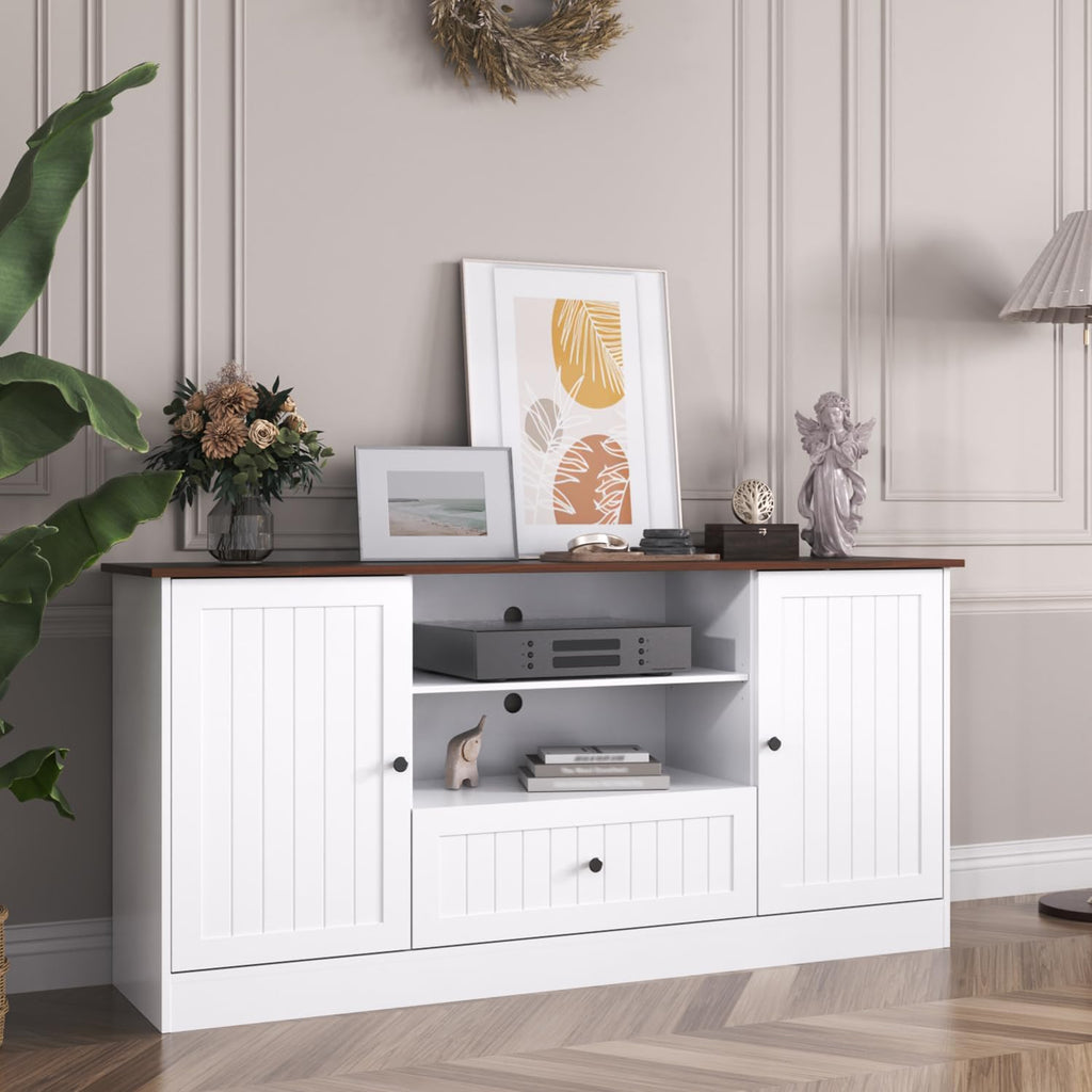 Furnify 63 in Farmhouse TV Stand for TVs up to 70 Inch, Modern Entertainment Center with Storage Drawer and Open Shelves, Shaker Door TV Console Media Cabinet for Living Room, Bedroom, White