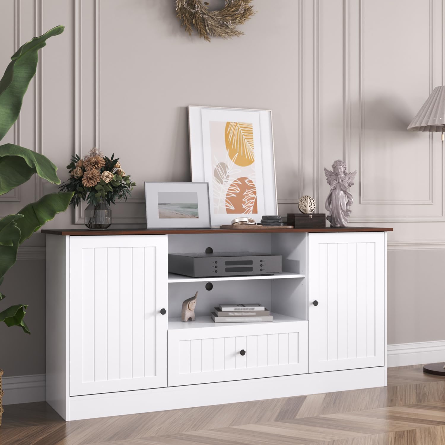 Furnify 63 in Farmhouse TV Stand for TVs up to 70 Inch, Modern Entertainment Center with Storage Drawer and Open Shelves, Shaker Door TV Console Media Cabinet for Living Room, Bedroom, White