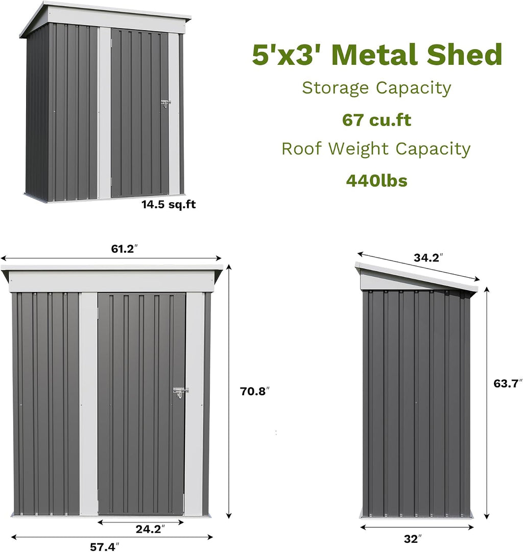 Patiowell 5x3 FT Outdoor Storage Shed, Garden Tool Shed with Sloping Roof and Lockable Door, Metal Shed for Backyard Garden Patio Lawn, Gray
