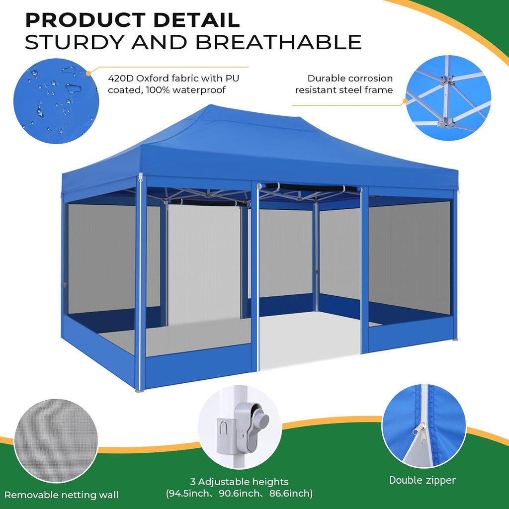COBIZI 10x15 Heavy Duty Pop Up Canopy Tent with 4 Sidewalls, Commercial Gazebo Party Tent with Mosquito Netting Wall Easy Set Up Outdoor Instant Screen Tent for Backyard, Patio, Garden, Blue