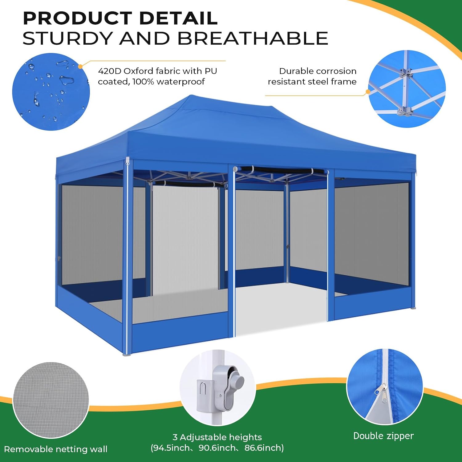COBIZI 10x15 Heavy Duty Pop Up Canopy Tent with 4 Sidewalls, Commercial Gazebo Party Tent with Mosquito Netting Wall Easy Set Up Outdoor Instant Screen Tent for Backyard, Patio, Garden, Blue