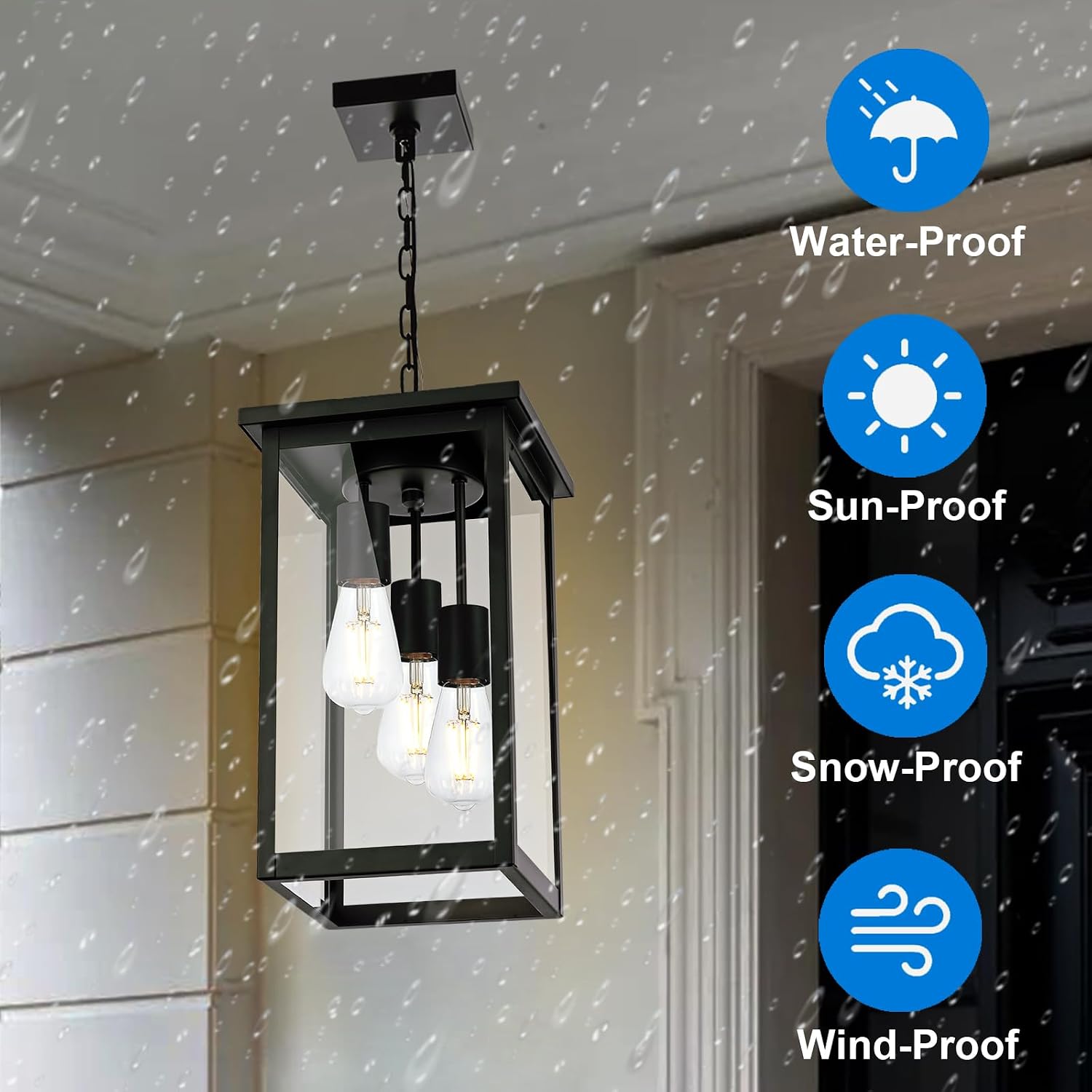 17'' Large Outdoor Pendant Light, 3-Lights Matte Black Exterior Hanging Lantern with Clear Glass, Outdoor Chandelier Ceiling Light Fixture for Porch, Patio, Gazebo, Entryway