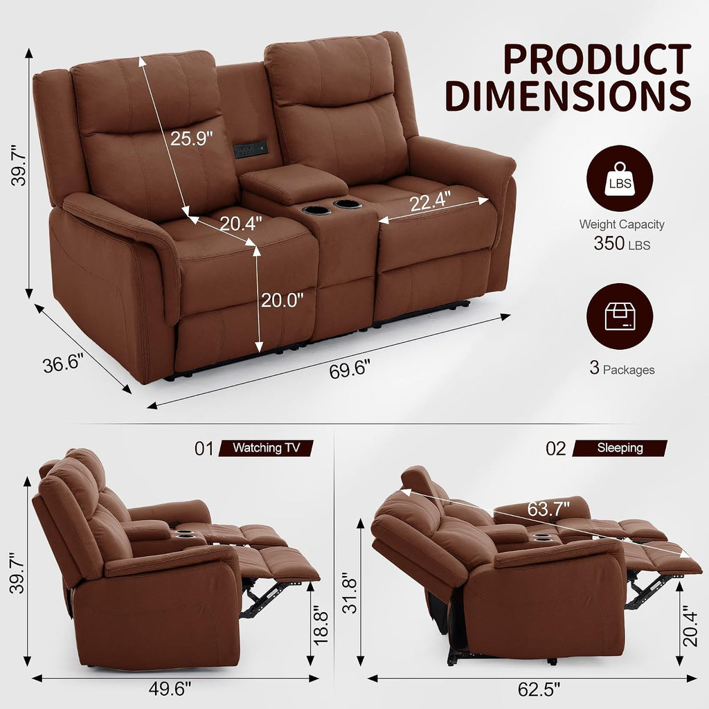 Korser Loveseat Recliner Sofa, Reclining Loveseat Couch, Reclining Couch with Console, USB Port, US Outlets, and Cup Holders, 2-Seater Sofa for Living Room