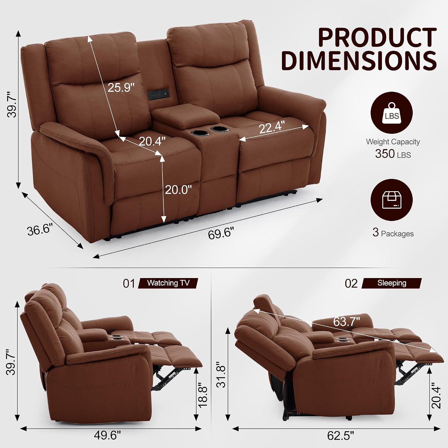 Korser Loveseat Recliner Sofa, Reclining Loveseat Couch, Reclining Couch with Console, USB Port, US Outlets, and Cup Holders, 2-Seater Sofa for Living Room