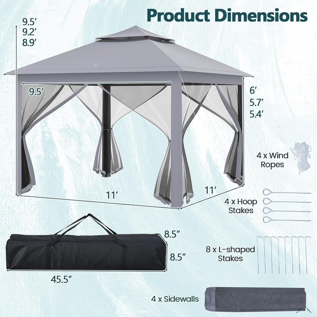 Goplus11 ft × 11 ft Pop up Gazebo, Portable Screen Canopy Shelter w/Mesh Netting Sidewalls, Vented Top, Drainage Holes, Heavy-Duty Height Adjustable Easy Setup Party Tent for Backyard