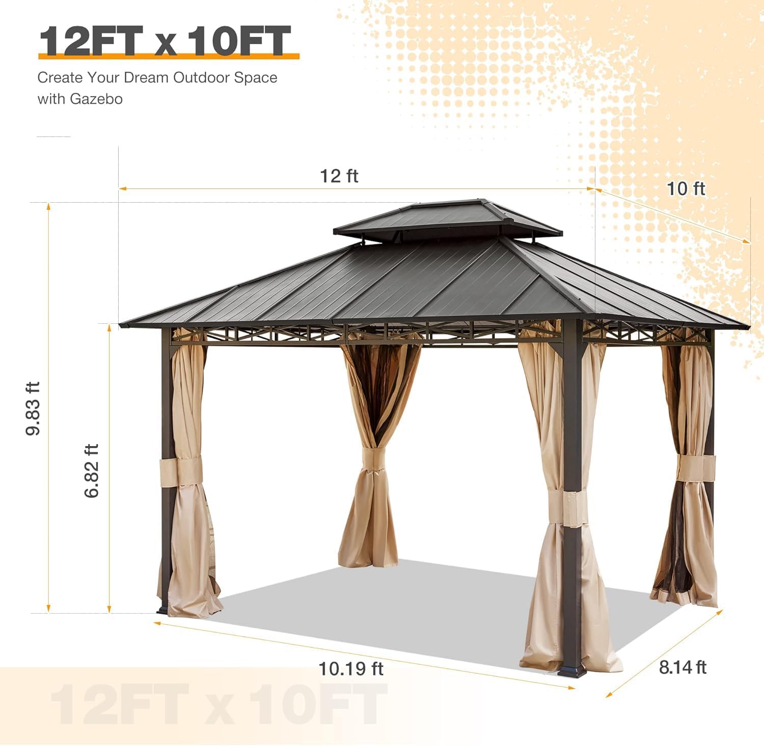 EROMMY 10'x12' Hardtop Gazebo, Metal Double Roof with Anti-Rust Coating Frame, Outdoor Waterproof Patio Gazebos with Shaded Curtains and Netting for Gardens, Lawns, Deck