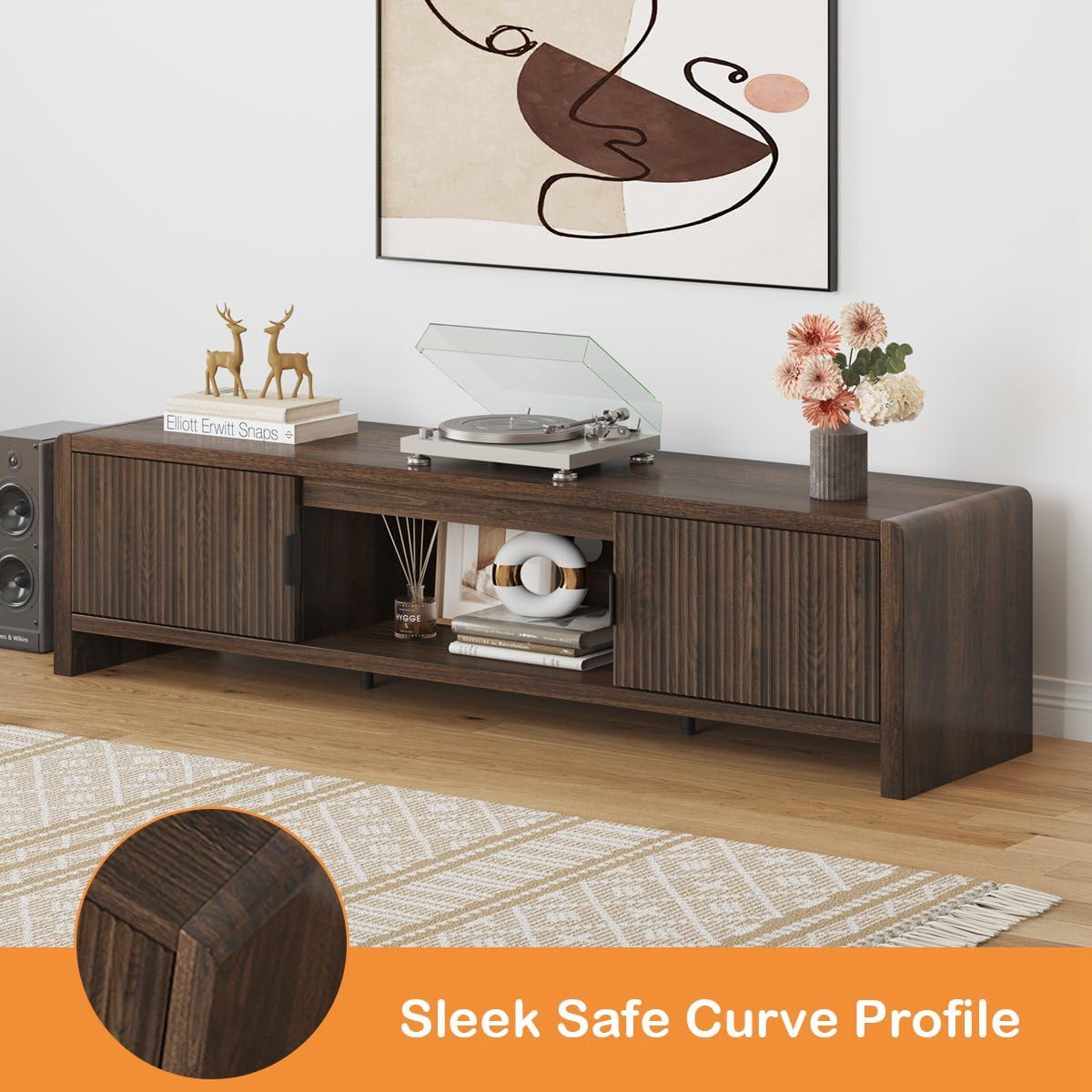 FATORRI TV Stand for 75/65/55 Inch TVs, Mid Century Modern Entertainment Center with Storage, Wood Waveform Fluted-Door Television Media Console for Living Room, Bedroom (63 Inch W, Dark Walnut)