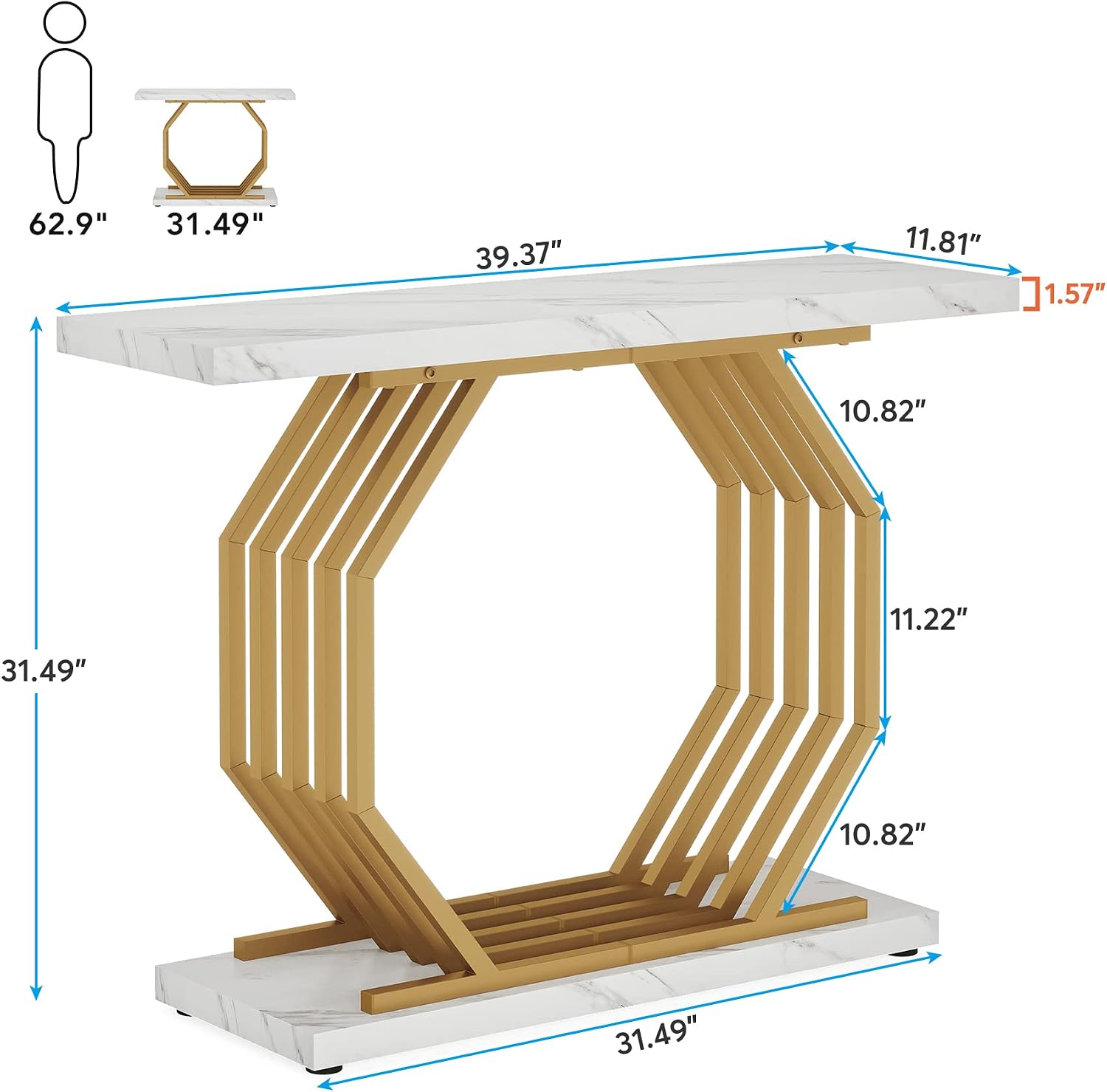 Tribesigns Gold Console Table, Faux Marble Entryway Table Narrow Sofa with Geometric Metal Base, 40 Inch Modern Accent Entrance for Living Room, Hallway, Foyer, White and Gold