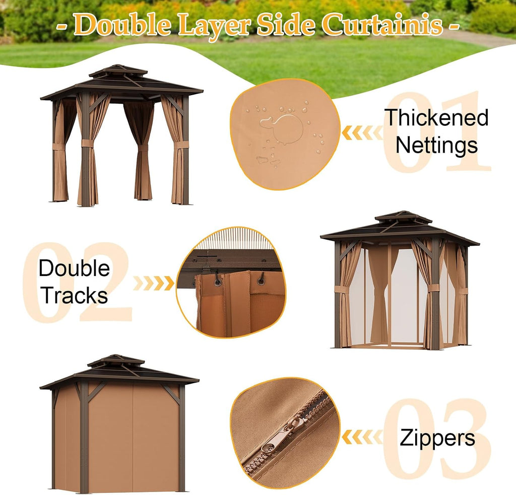 8' x 8' Double Roof Gazebo with Polycarbonate Panels – Sturdy Aluminum Frame, Outdoor Pavilion with Curtains for Patio, Garden & Backyard
