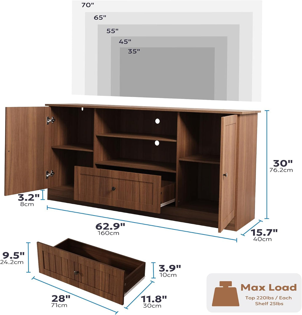 Furnify 63 in Farmhouse TV Stand for TVs up to 70 Inch, Modern Entertainment Center with Storage Drawer and Open Shelves, Shaker Door TV Console Media Cabinet for Living Room, Bedroom, Walnut