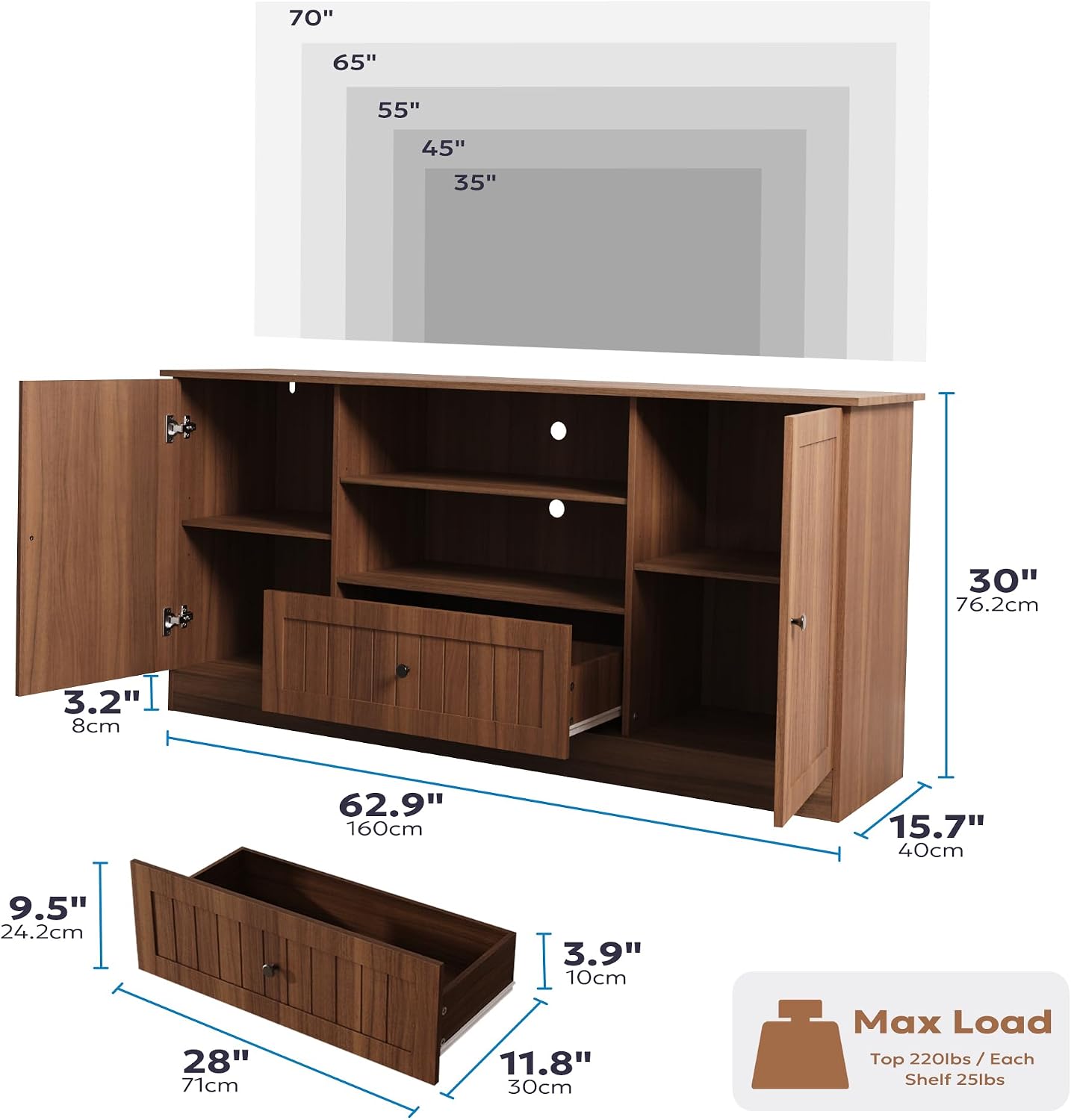 Furnify 63 in Farmhouse TV Stand for TVs up to 70 Inch, Modern Entertainment Center with Storage Drawer and Open Shelves, Shaker Door TV Console Media Cabinet for Living Room, Bedroom, Walnut