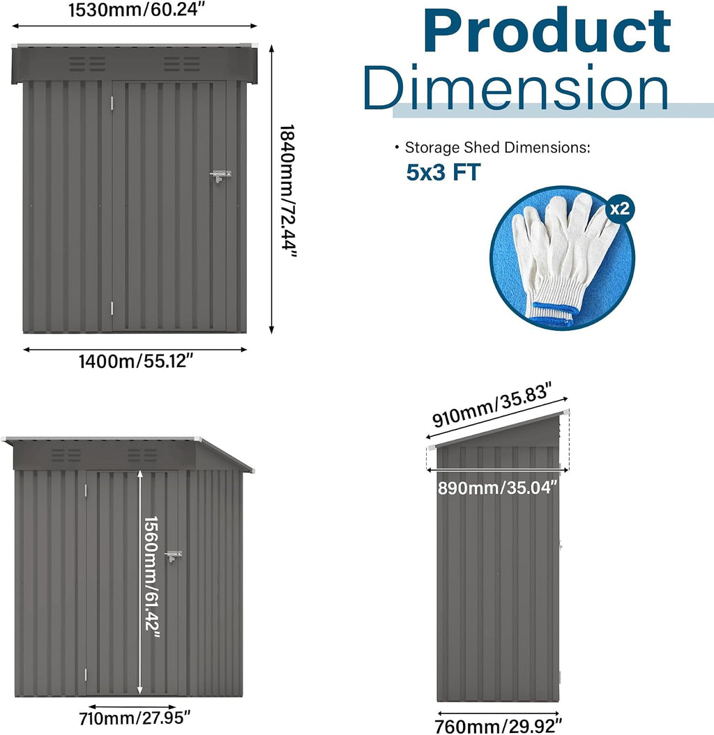 5x3 FT Metal Outdoor Storage Shed, Compact Garden Tool Organizer with Pitched Roof and Lockable Door, Weather-Resistant Small Metal Shed for Backyard, Patio, Balcony and Bike Storage, Gray